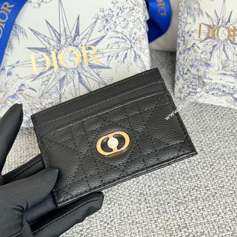 Dior Caro Freesia Card Holder in Supple Cannage Calfskin with Pearl Black 2025 S5130 (XXG-250929083)