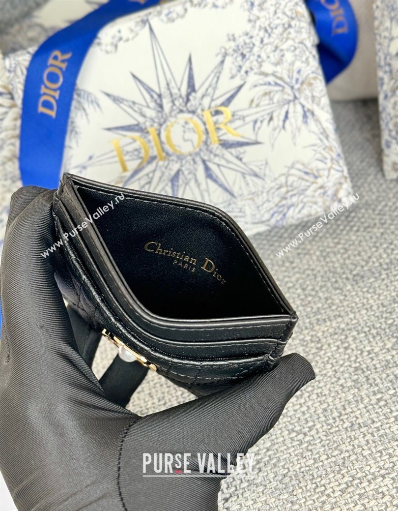 Dior Caro Freesia Card Holder in Supple Cannage Calfskin with Pearl Black 2025 S5130 (XXG-250929083)