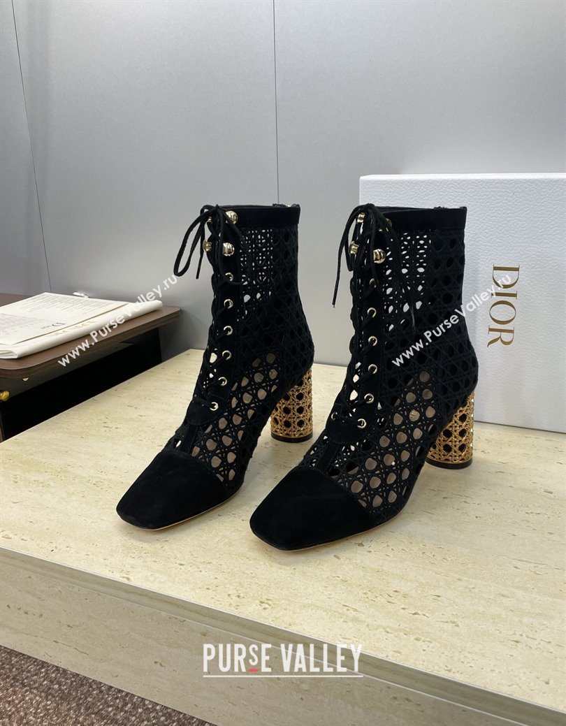 Dior Icon Ankle Boots 8cm with Cannage Metal-Tone Heel in Black Cannage Embroidery and Suede 2025 (JC-251029056)