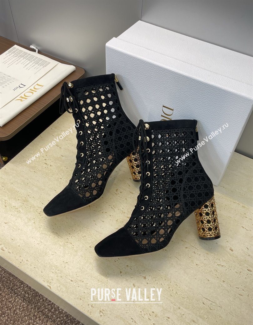 Dior Icon Ankle Boots 8cm with Cannage Metal-Tone Heel in Black Cannage Embroidery and Suede 2025 (JC-251029056)