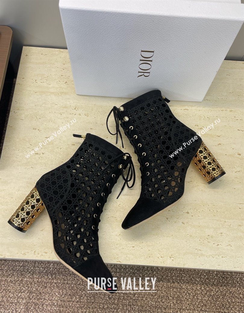 Dior Icon Ankle Boots 8cm with Cannage Metal-Tone Heel in Black Cannage Embroidery and Suede 2025 (JC-251029056)