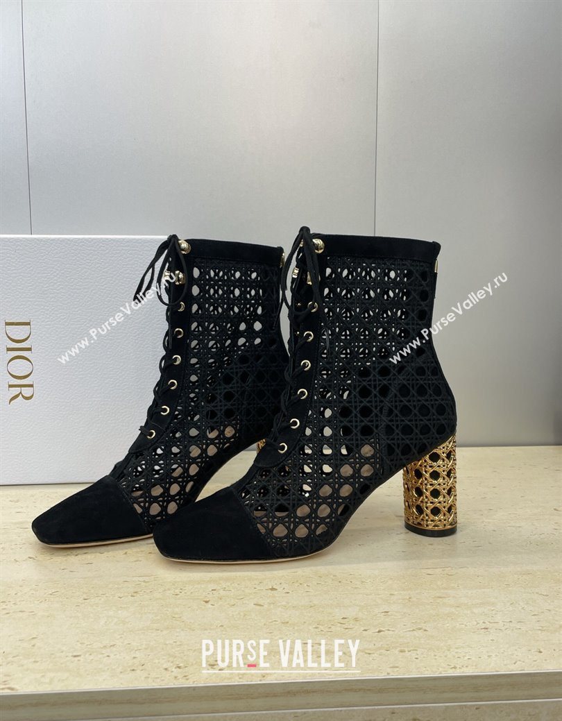 Dior Icon Ankle Boots 8cm with Cannage Metal-Tone Heel in Black Cannage Embroidery and Suede 2025 (JC-251029056)