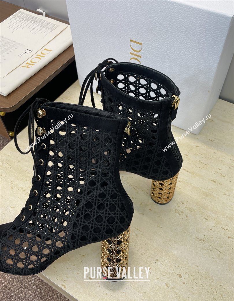 Dior Icon Ankle Boots 8cm with Cannage Metal-Tone Heel in Black Cannage Embroidery and Suede 2025 (JC-251029056)