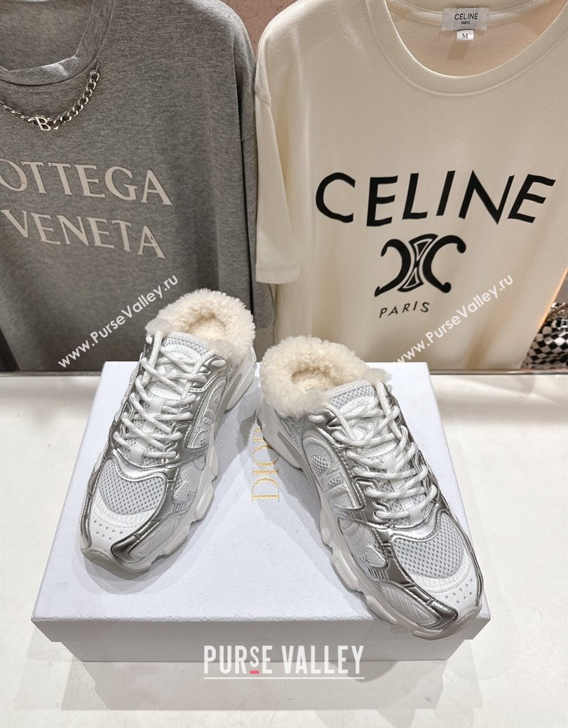 Dior Chrono Sneaker Mules in Mesh, Leather-Effect and Wool Silver/White 2025 1029 (MD-251029064)