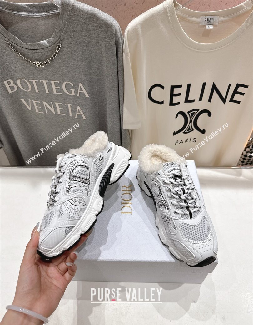 Dior Chrono Sneaker Mules in Mesh, Leather-Effect and Wool White/Black 2025 1029 (MD-251029066)