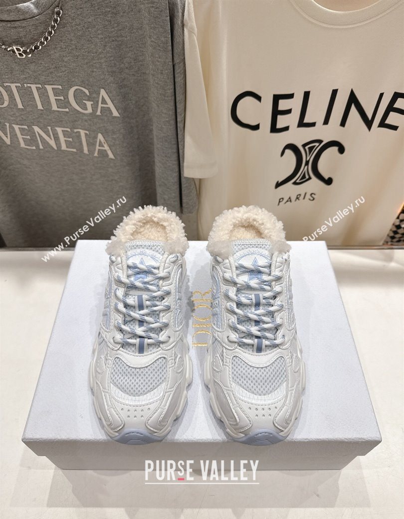Dior Chrono Sneaker Mules in Mesh, Leather-Effect and Wool White/Blue 2025 1029 (MD-251029068)