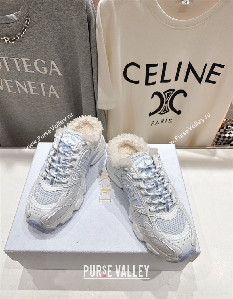 Dior Chrono Sneaker Mules in Mesh, Leather-Effect and Wool White/Blue 2025 1029 (MD-251029068)