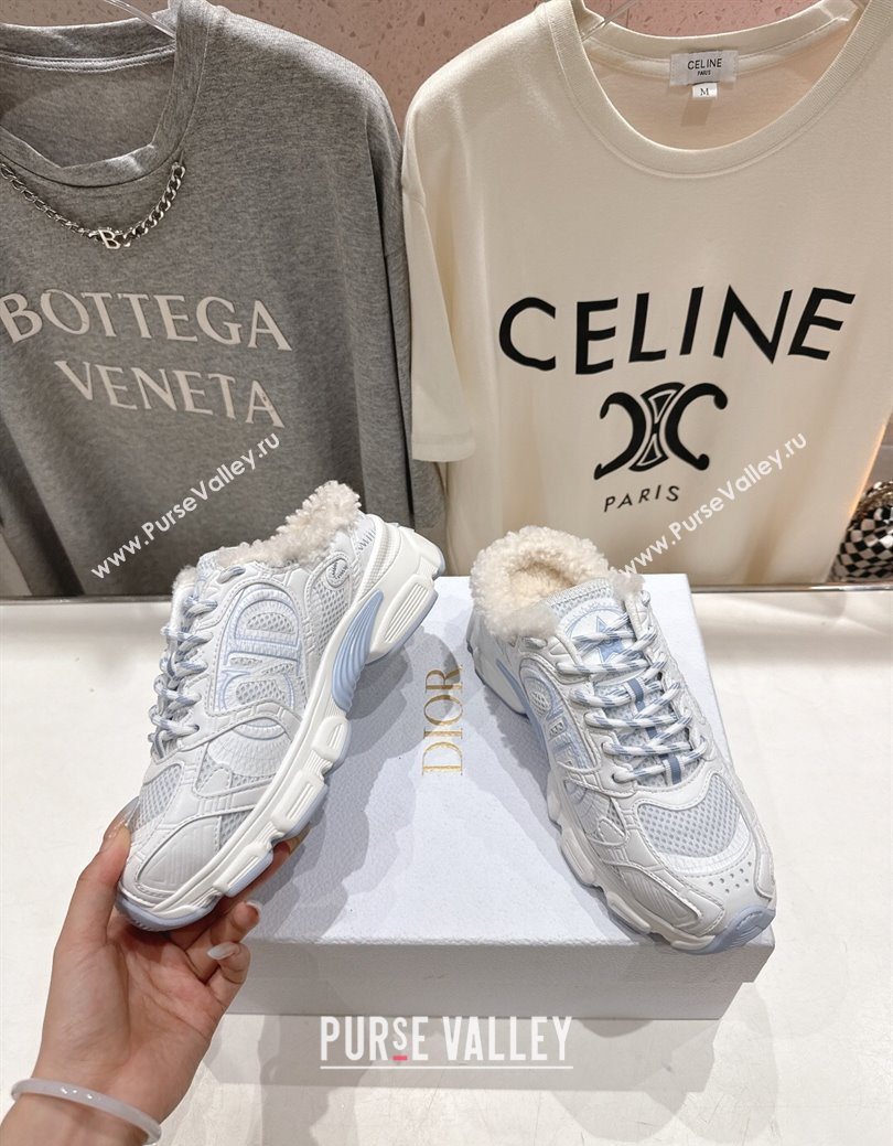 Dior Chrono Sneaker Mules in Mesh, Leather-Effect and Wool White/Blue 2025 1029 (MD-251029068)