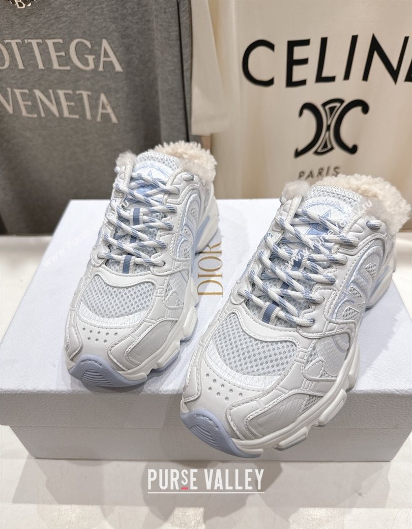Dior Chrono Sneaker Mules in Mesh, Leather-Effect and Wool White/Blue 2025 1029 (MD-251029068)