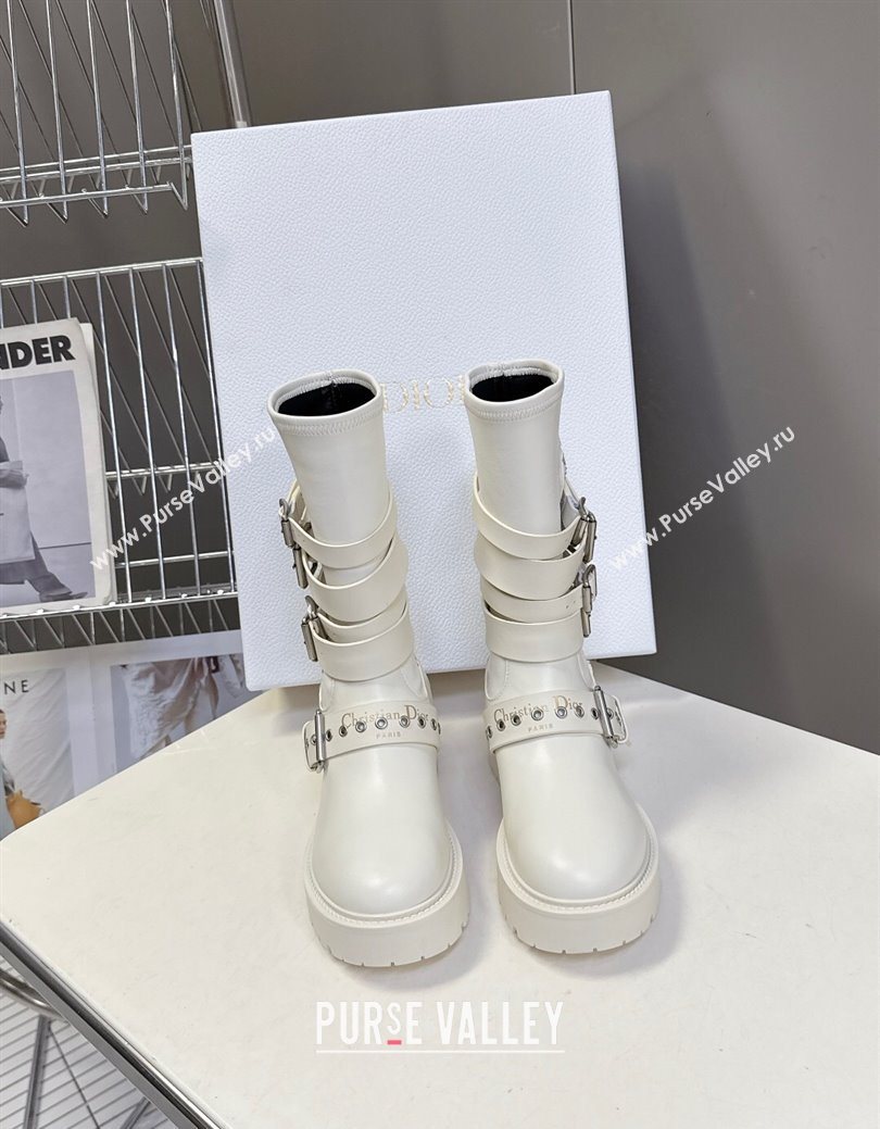 Dior D-Fight Ankle Boots in Calfskin and Leather-Effect Stretch Material with Buckle White 2025 (MD-251029045)