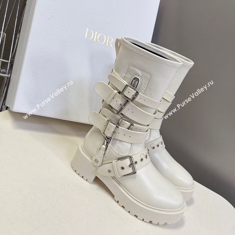 Dior D-Fight Ankle Boots in Calfskin and Leather-Effect Stretch Material with Buckle White 2025 (MD-251029045)