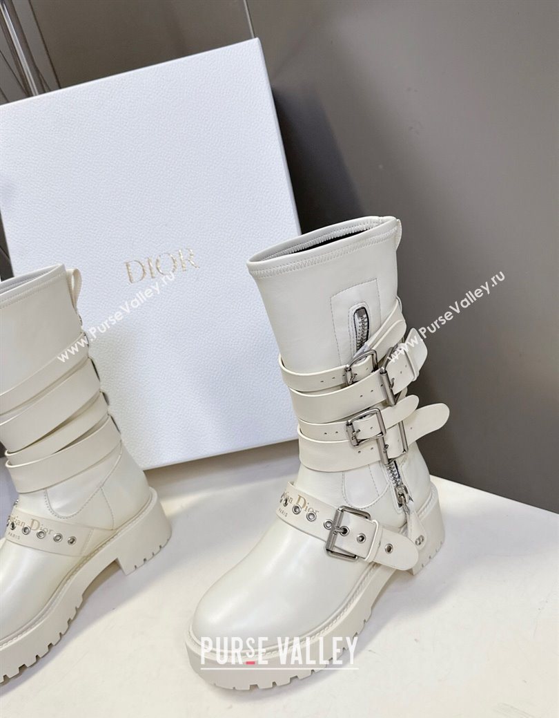 Dior D-Fight Ankle Boots in Calfskin and Leather-Effect Stretch Material with Buckle White 2025 (MD-251029045)