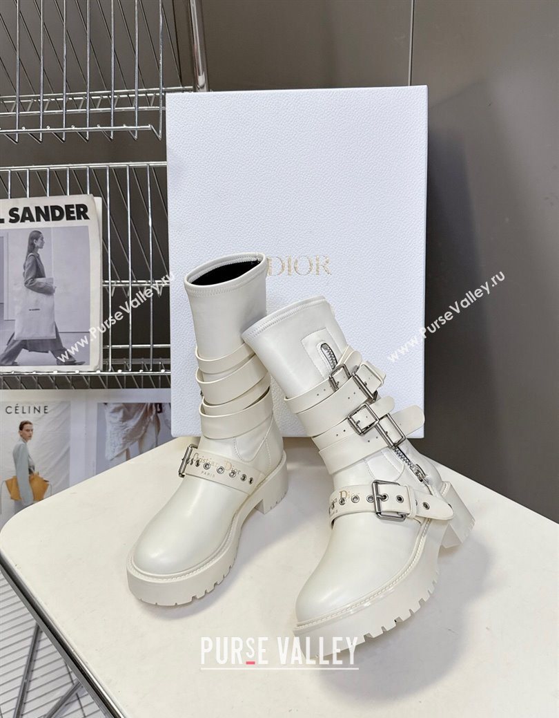 Dior D-Fight Ankle Boots in Calfskin and Leather-Effect Stretch Material with Buckle White 2025 (MD-251029045)