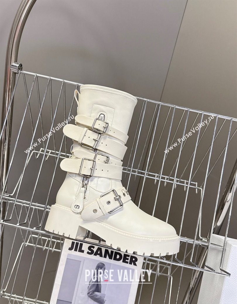 Dior D-Fight Ankle Boots in Calfskin and Leather-Effect Stretch Material with Buckle White 2025 (MD-251029045)