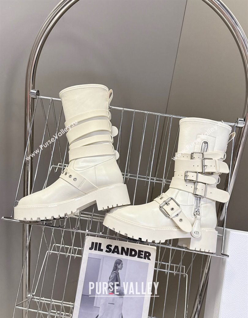 Dior D-Fight Ankle Boots in Calfskin and Leather-Effect Stretch Material with Buckle White 2025 (MD-251029045)