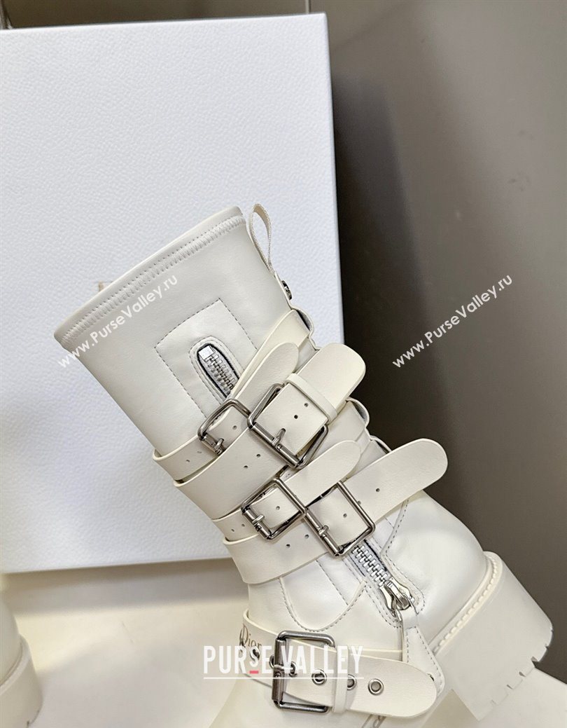 Dior D-Fight Ankle Boots in Calfskin and Leather-Effect Stretch Material with Buckle White 2025 (MD-251029045)
