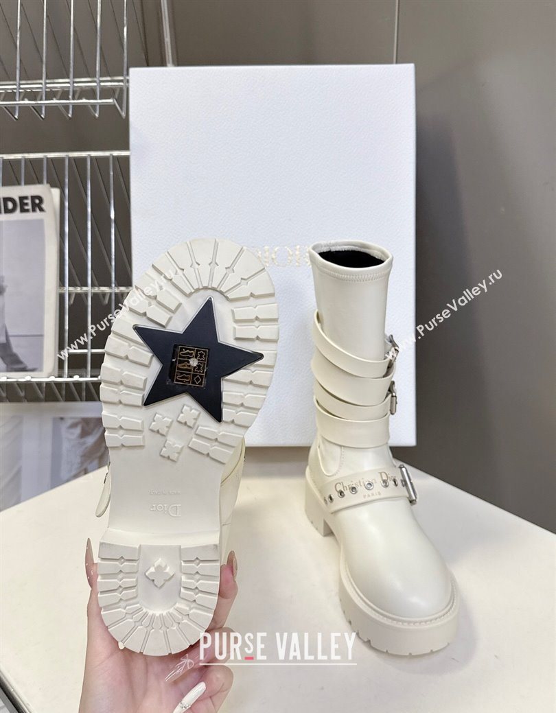 Dior D-Fight Ankle Boots in Calfskin and Leather-Effect Stretch Material with Buckle White 2025 (MD-251029045)