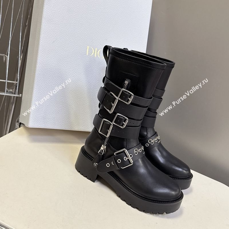 Dior D-Fight Ankle Boots in Calfskin and Leather-Effect Stretch Material with Buckle Black 2025 (MD-251029046)