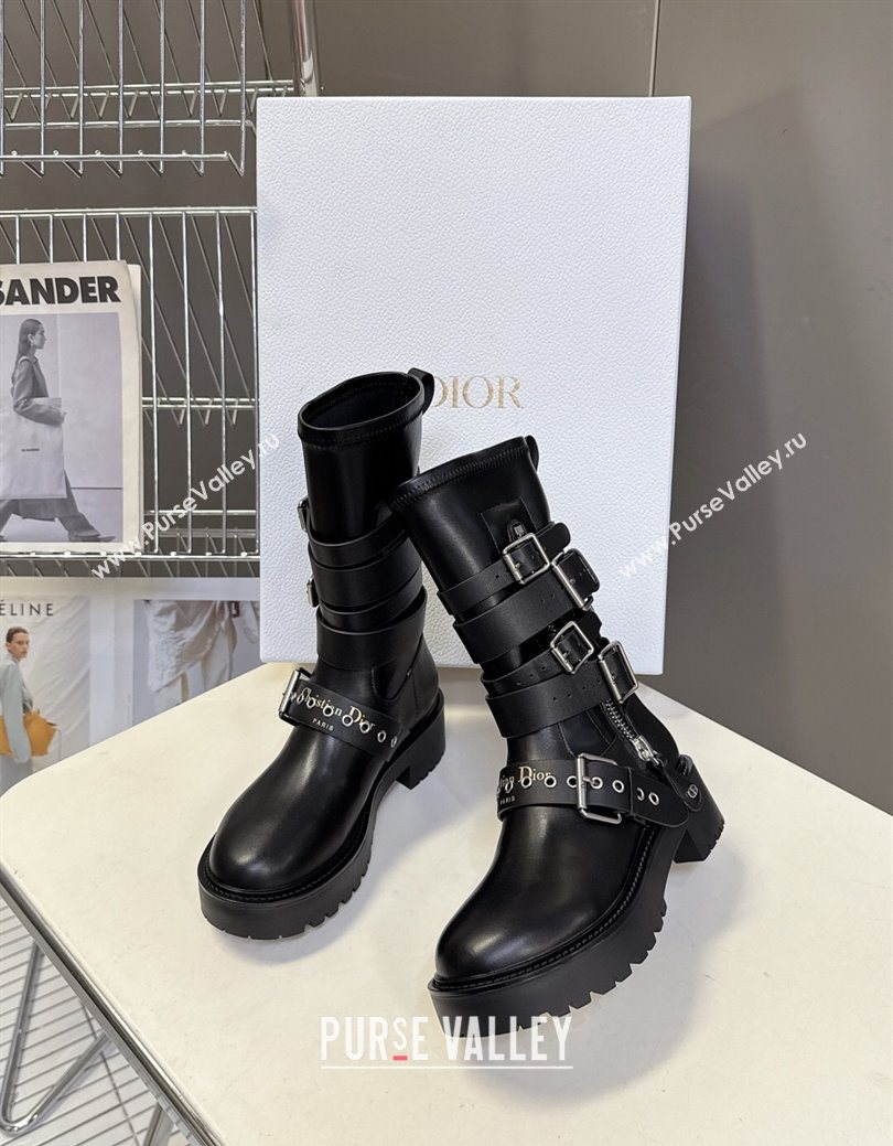 Dior D-Fight Ankle Boots in Calfskin and Leather-Effect Stretch Material with Buckle Black 2025 (MD-251029046)