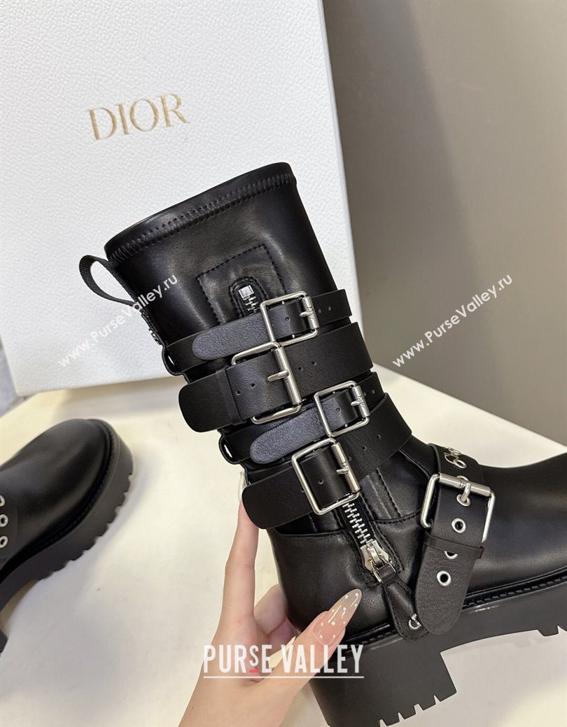 Dior D-Fight Ankle Boots in Calfskin and Leather-Effect Stretch Material with Buckle Black 2025 (MD-251029046)