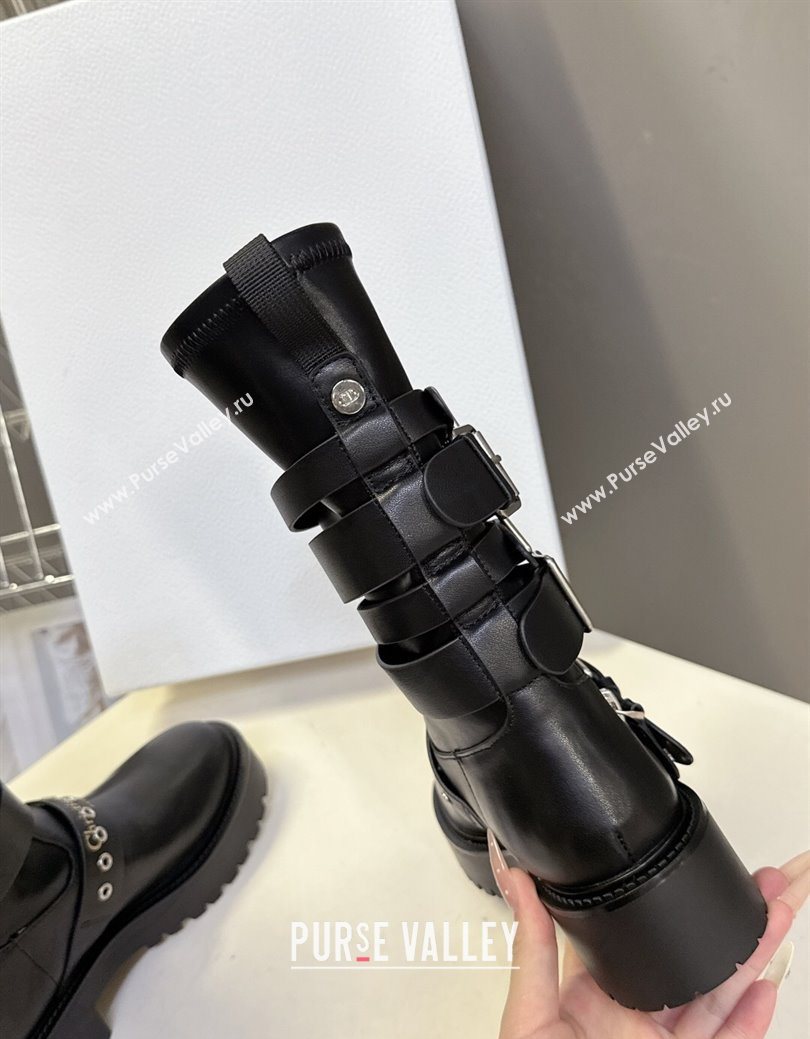 Dior D-Fight Ankle Boots in Calfskin and Leather-Effect Stretch Material with Buckle Black 2025 (MD-251029046)