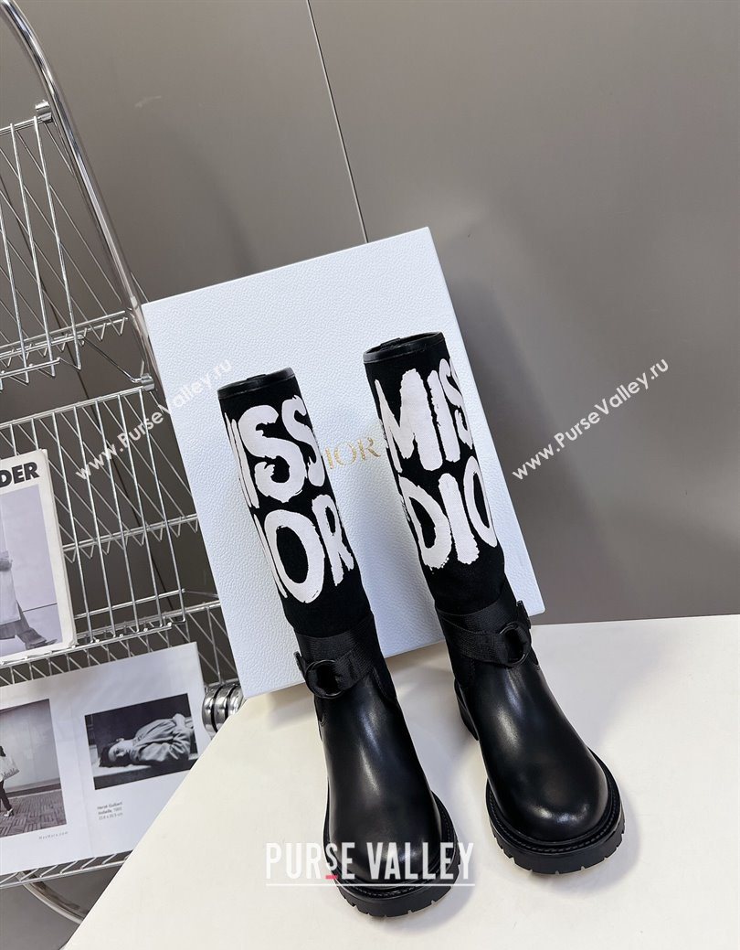 Dior D-Major Flat High Boots in White Miss Dior Print Fabric with Black Calfskin 2025 1029 (MD-251029013)