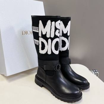 Dior D-Major Flat High Boots in White Miss Dior Print Fabric with Black Calfskin 2025 1029 (MD-251029013)