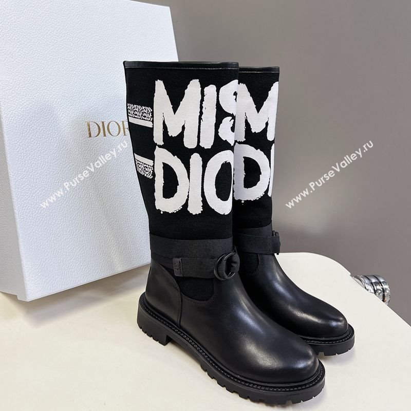 Dior D-Major Flat High Boots in White Miss Dior Print Fabric with Black Calfskin 2025 1029 (MD-251029013)