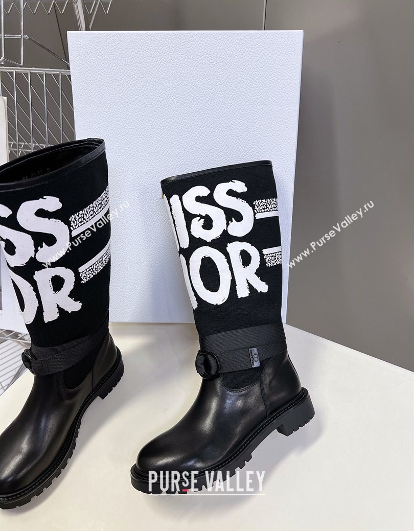 Dior D-Major Flat High Boots in White Miss Dior Print Fabric with Black Calfskin 2025 1029 (MD-251029013)