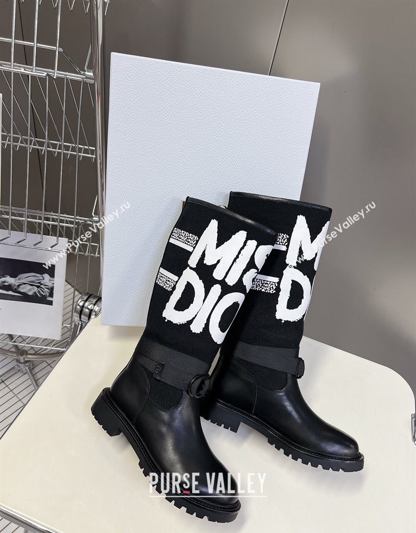 Dior D-Major Flat High Boots in White Miss Dior Print Fabric with Black Calfskin 2025 1029 (MD-251029013)