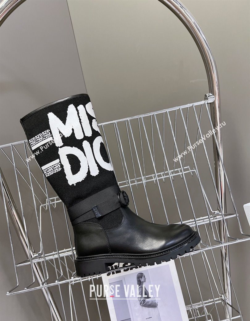 Dior D-Major Flat High Boots in White Miss Dior Print Fabric with Black Calfskin 2025 1029 (MD-251029013)