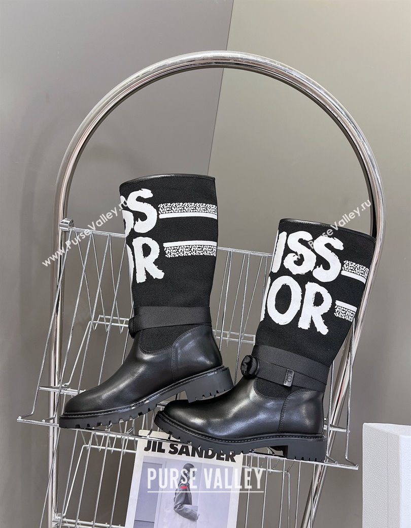 Dior D-Major Flat High Boots in White Miss Dior Print Fabric with Black Calfskin 2025 1029 (MD-251029013)