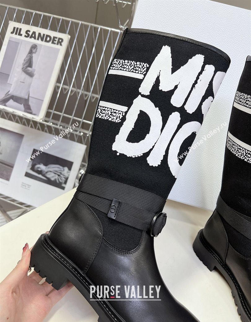 Dior D-Major Flat High Boots in White Miss Dior Print Fabric with Black Calfskin 2025 1029 (MD-251029013)