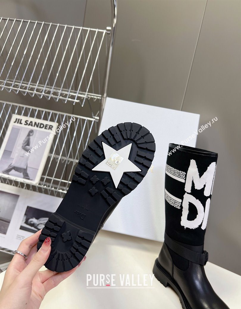 Dior D-Major Flat High Boots in White Miss Dior Print Fabric with Black Calfskin 2025 1029 (MD-251029013)