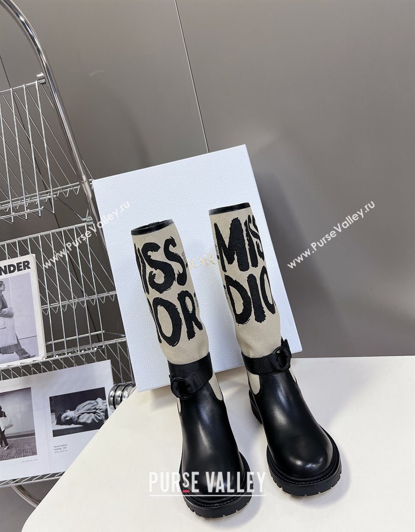 Dior D-Major Flat High Boots in Beige Miss Dior Print Fabric with Black Calfskin 2025 1029 (MD-251029014)