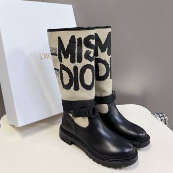 Dior D-Major Flat High Boots in Beige Miss Dior Print Fabric with Black Calfskin 2025 1029 (MD-251029014)