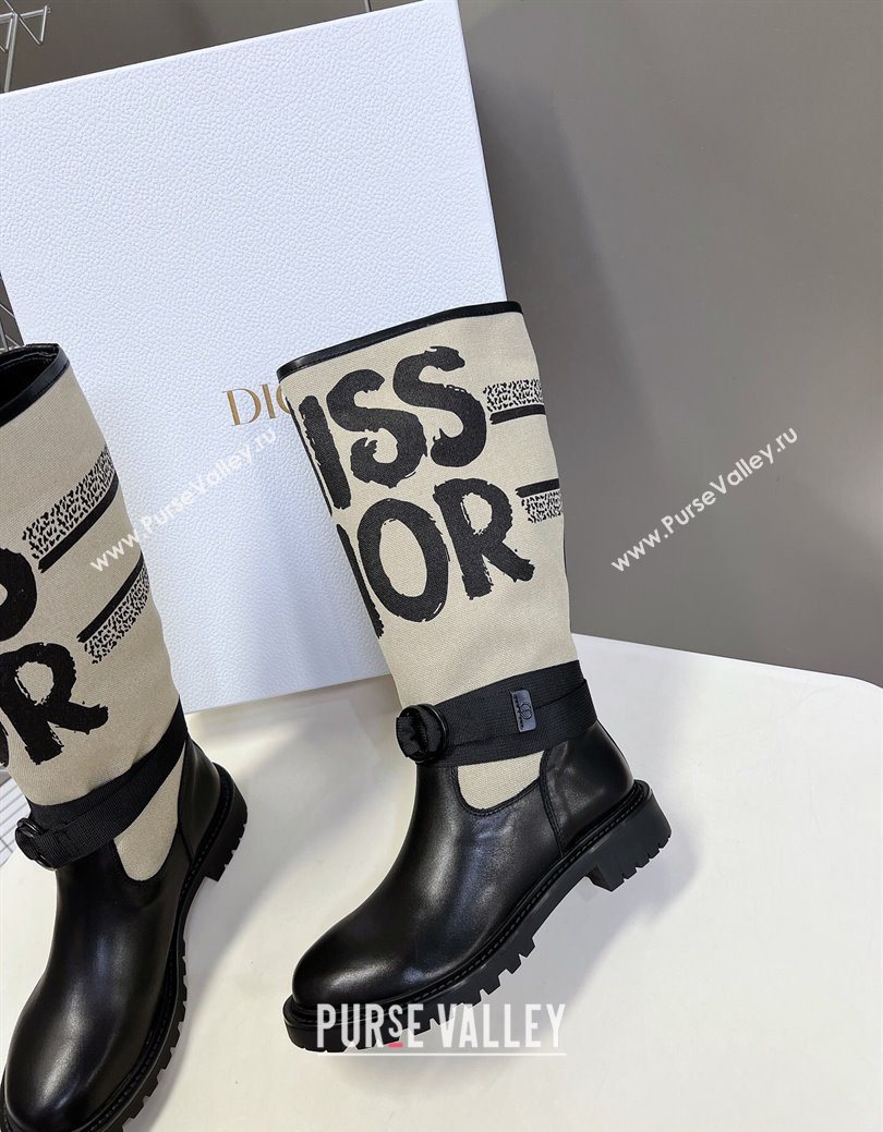 Dior D-Major Flat High Boots in Beige Miss Dior Print Fabric with Black Calfskin 2025 1029 (MD-251029014)