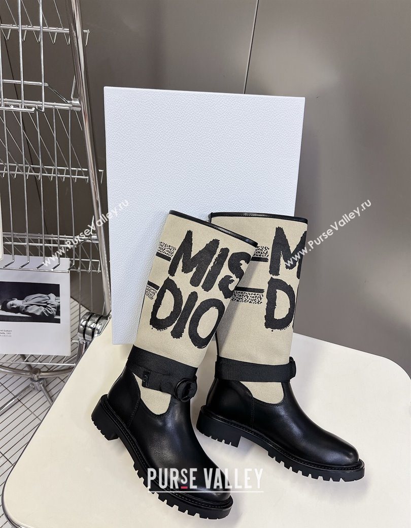 Dior D-Major Flat High Boots in Beige Miss Dior Print Fabric with Black Calfskin 2025 1029 (MD-251029014)