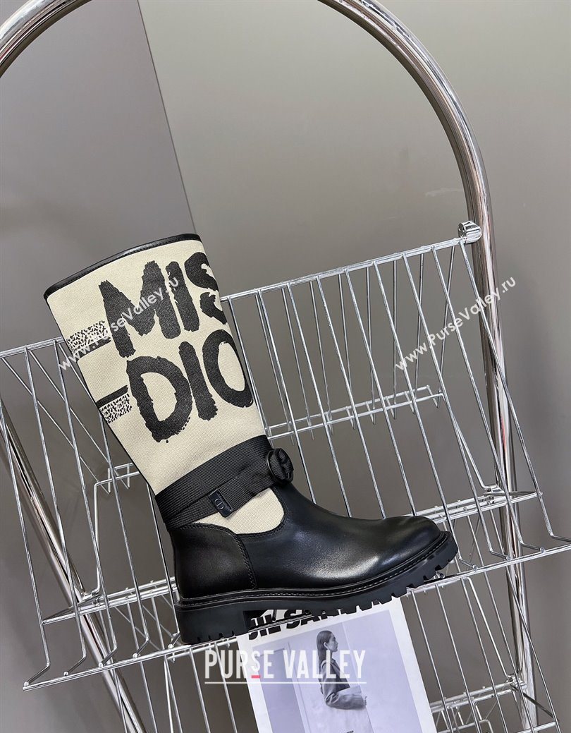 Dior D-Major Flat High Boots in Beige Miss Dior Print Fabric with Black Calfskin 2025 1029 (MD-251029014)
