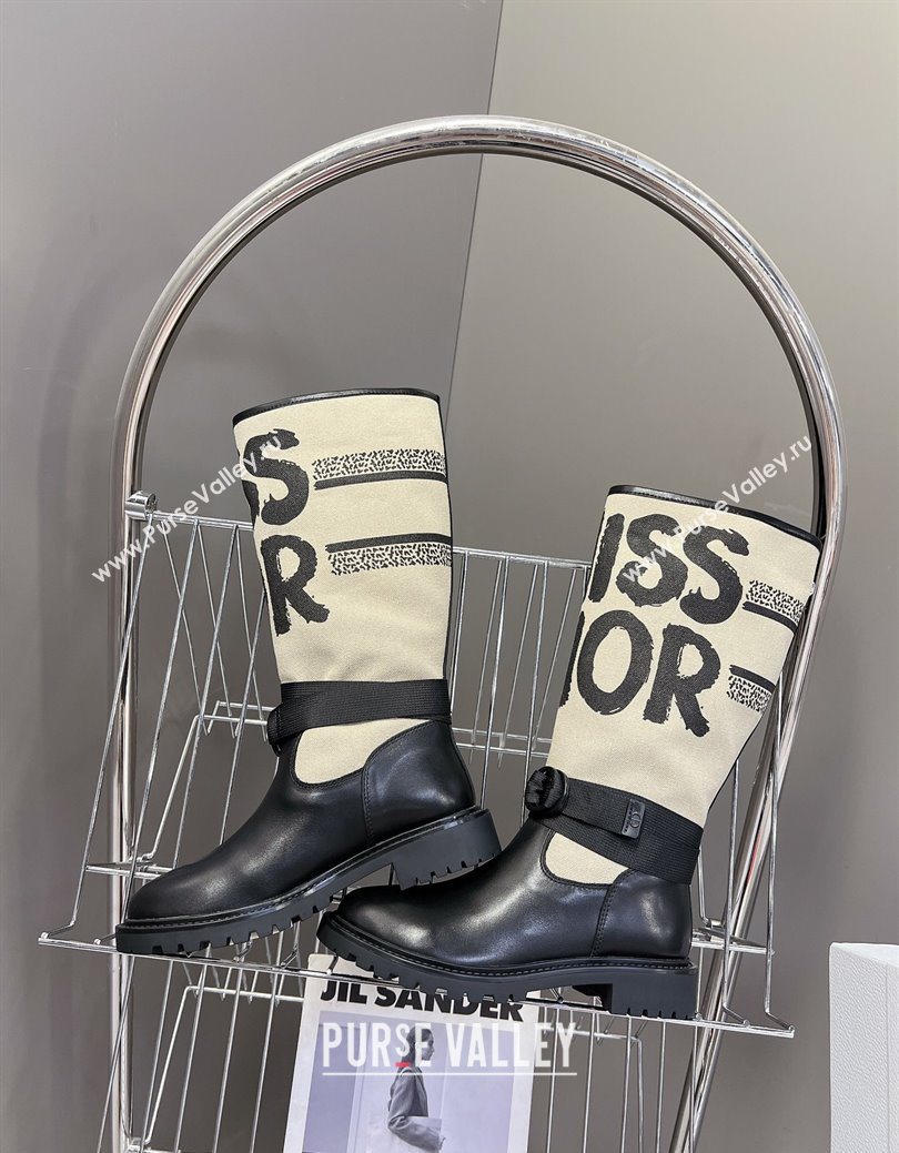 Dior D-Major Flat High Boots in Beige Miss Dior Print Fabric with Black Calfskin 2025 1029 (MD-251029014)