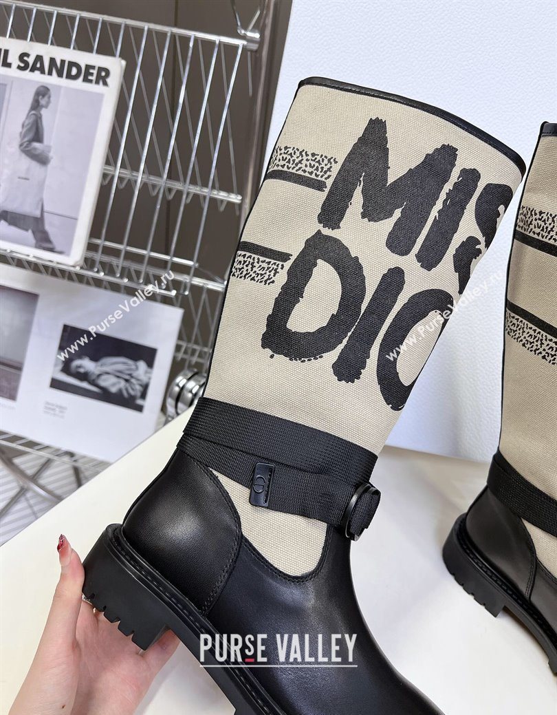 Dior D-Major Flat High Boots in Beige Miss Dior Print Fabric with Black Calfskin 2025 1029 (MD-251029014)