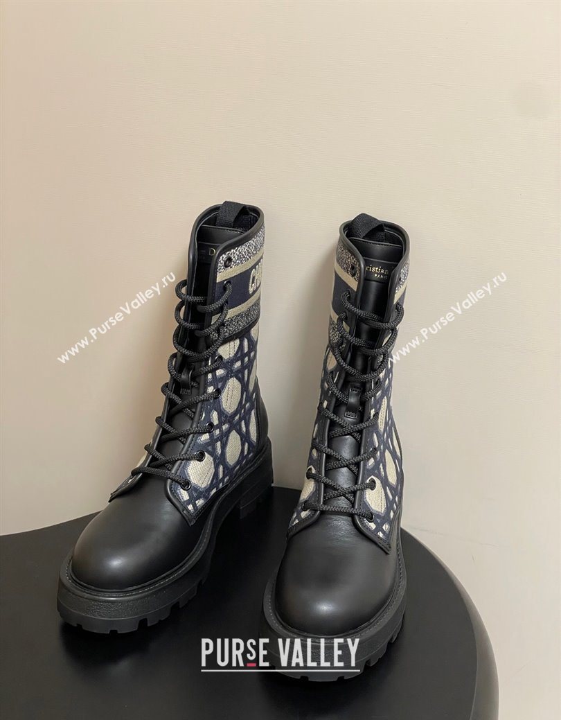 Dior D-Major Ankle Boots 4.5cm in Black Calfskin with Beige Embroidered Cannage Cotton 2025 (MD-251029009)