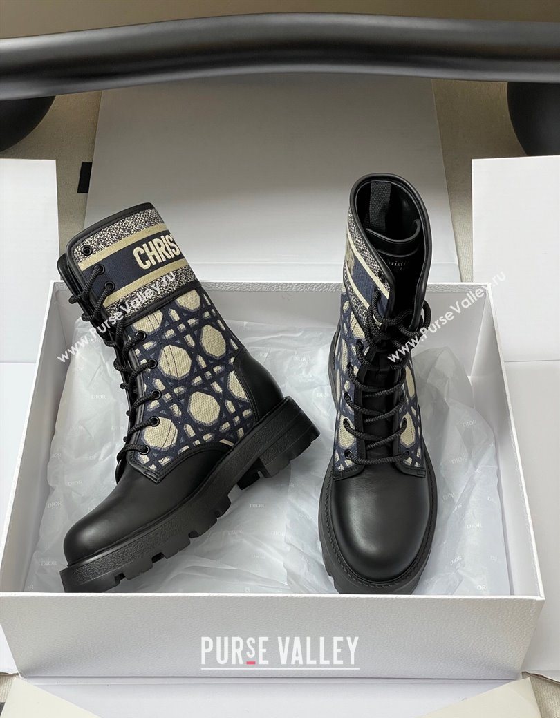 Dior D-Major Ankle Boots 4.5cm in Black Calfskin with Beige Embroidered Cannage Cotton 2025 (MD-251029009)