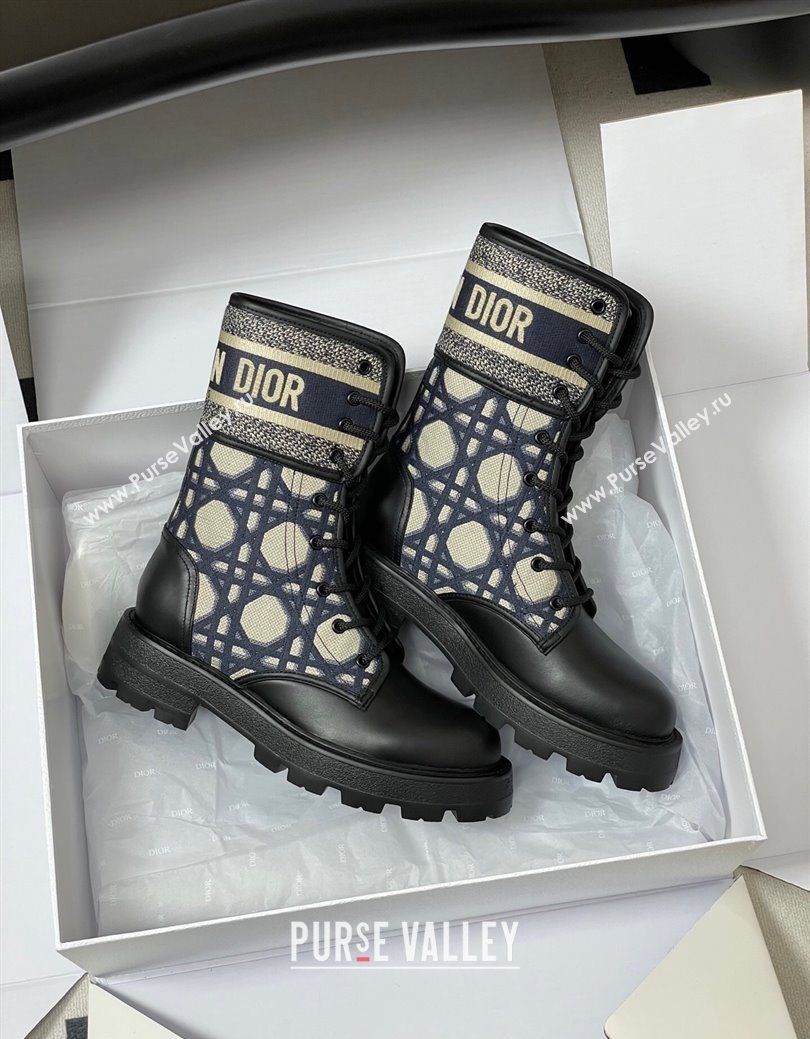 Dior D-Major Ankle Boots 4.5cm in Black Calfskin with Beige Embroidered Cannage Cotton 2025 (MD-251029009)