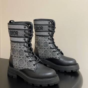 Dior D-Major Ankle Boots 4.5cm in Black Calfskin with Grey Embroidered Cannage Cotton 2025 (MD-251029010)