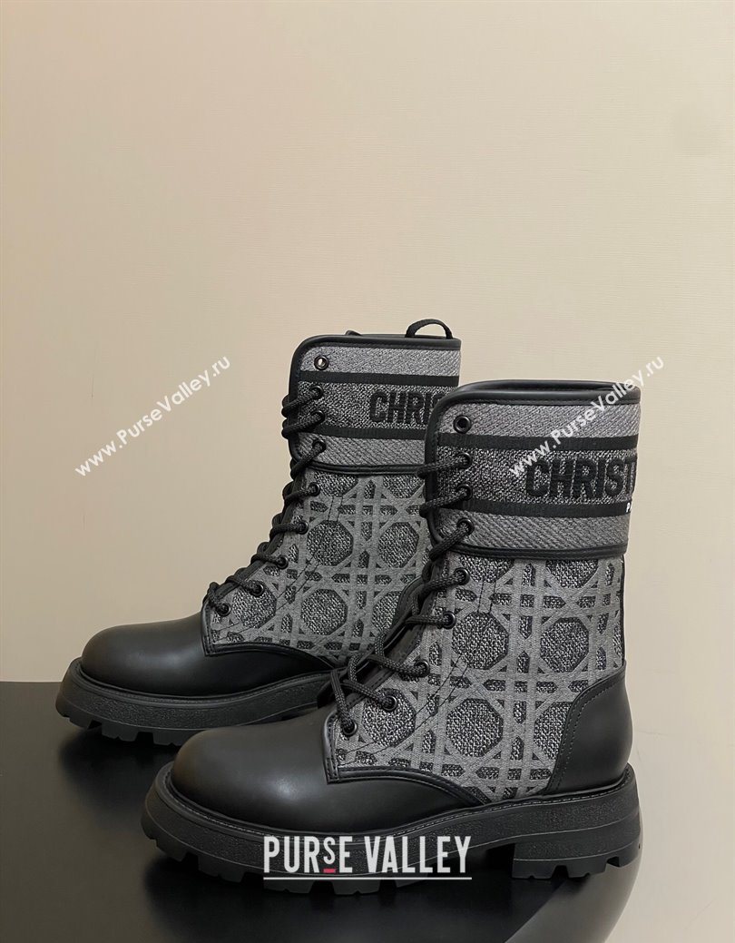 Dior D-Major Ankle Boots 4.5cm in Black Calfskin with Grey Embroidered Cannage Cotton 2025 (MD-251029010)