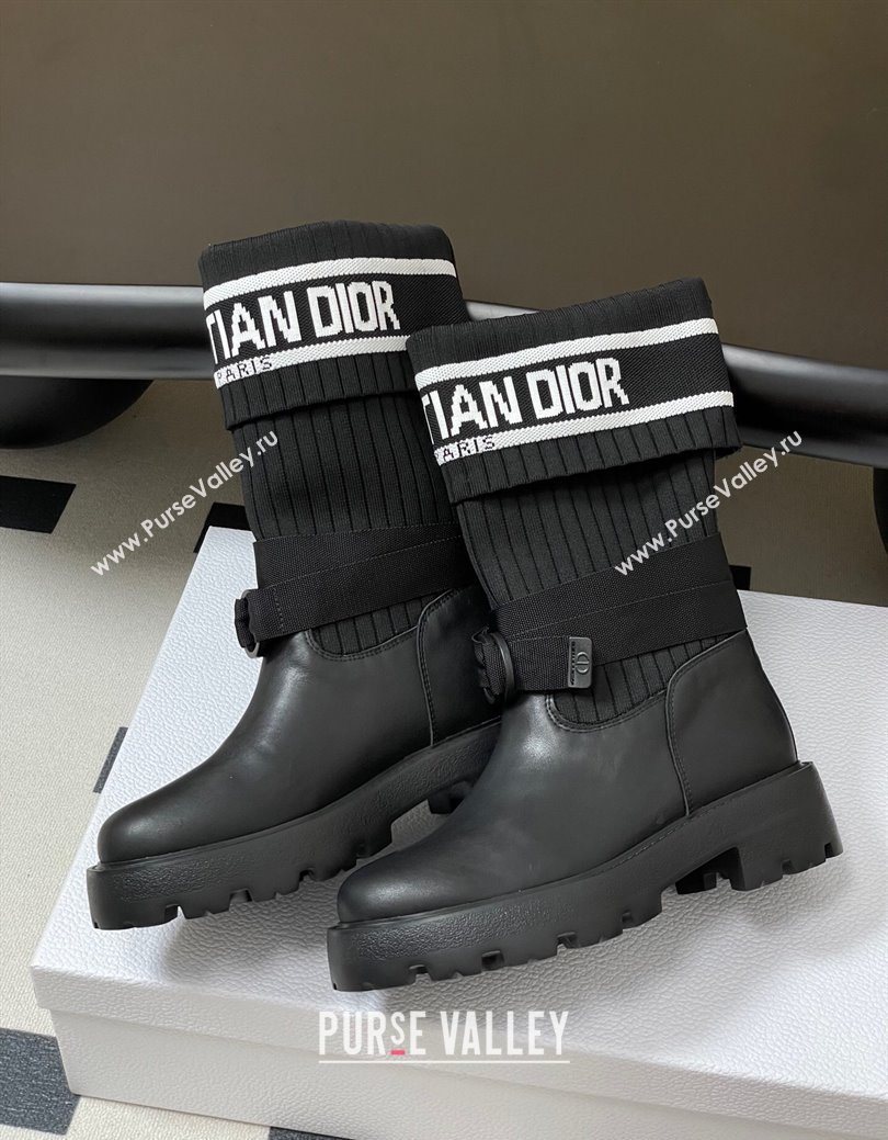 Dior D-Major Ankle Boots in Black Calfskin with Black and White Technical Knit 2025 1029 (MD-251029012)