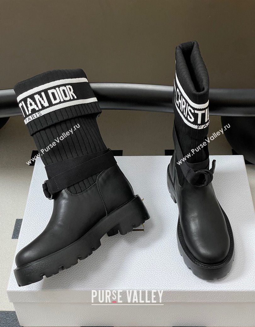 Dior D-Major Ankle Boots in Black Calfskin with Black and White Technical Knit 2025 1029 (MD-251029012)