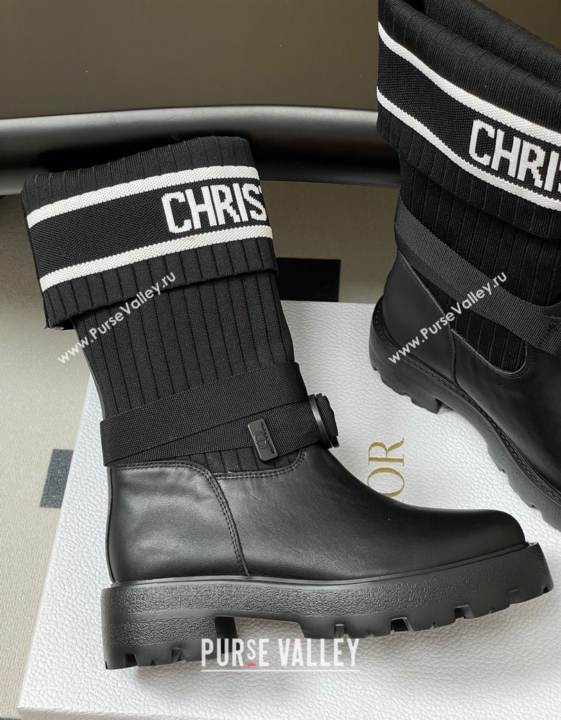 Dior D-Major Ankle Boots in Black Calfskin with Black and White Technical Knit 2025 1029 (MD-251029012)