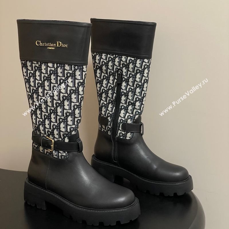 Dior D-Town High Boots in Black Calfskin and Oblique Canvas with Buckle 2025 1029 (MD-251029026)